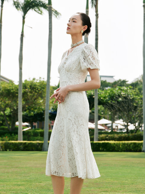 
Lakoradior Summer V-neck Short Sleeve Fishtail Floral Lace Dress