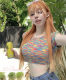 Dopamine outfit rainbow hollow back tie short sleeve T-shirt for women summer pure sweet hot girl sexy short top