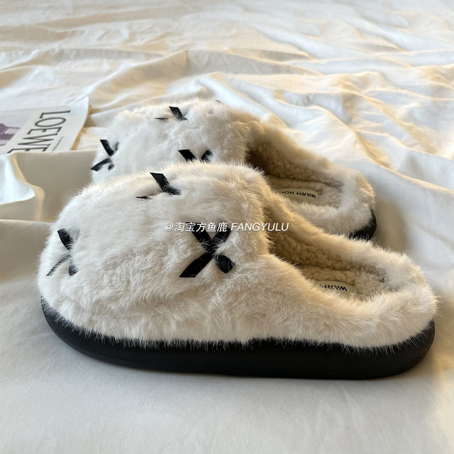 Fang Yulu ins style bow slippers for women 2025 autumn and winter new home warm anti-slip cotton shoes for outer wear