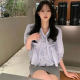 Ins Korean style, simple, slim and versatile, seven-quarter sleeves, V-neck straps, bows, short striped shirt top for women