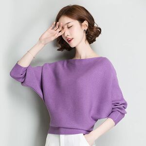 
One-line collar bat-sleeve sweater for women in spring and autumn, loose, flesh-covering, stylish solid color short pullover sweater bottoming top