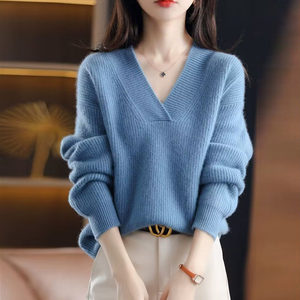 
2025 autumn and winter new V-neck sweater for women loose pullover lazy style solid color thickened knitted base shirt top