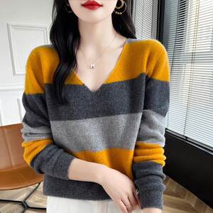 
Color-blocked V-neck pullover knitted sweater for women 2026 autumn and winter new style loose slimming western style inner layering shirt top