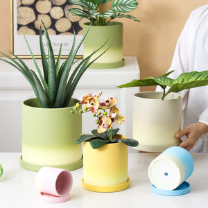 Ceramic flower pot succulent orchids and bamboo gradient simple large creative personality green ivy phalaenopsis container with tray
