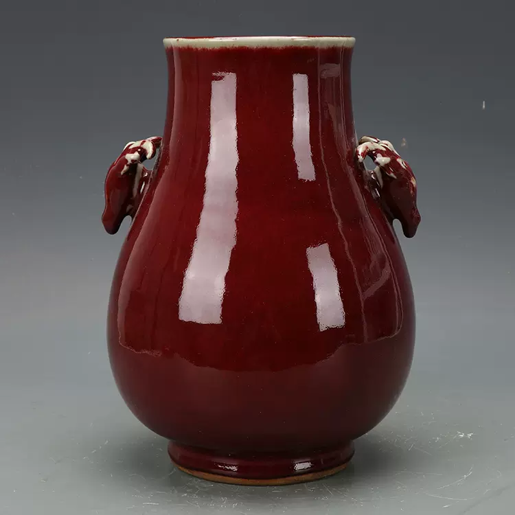 中国 骨董 清时代 祭紅釉鹿耳尊 アンティーク高約18cm 紅釉
