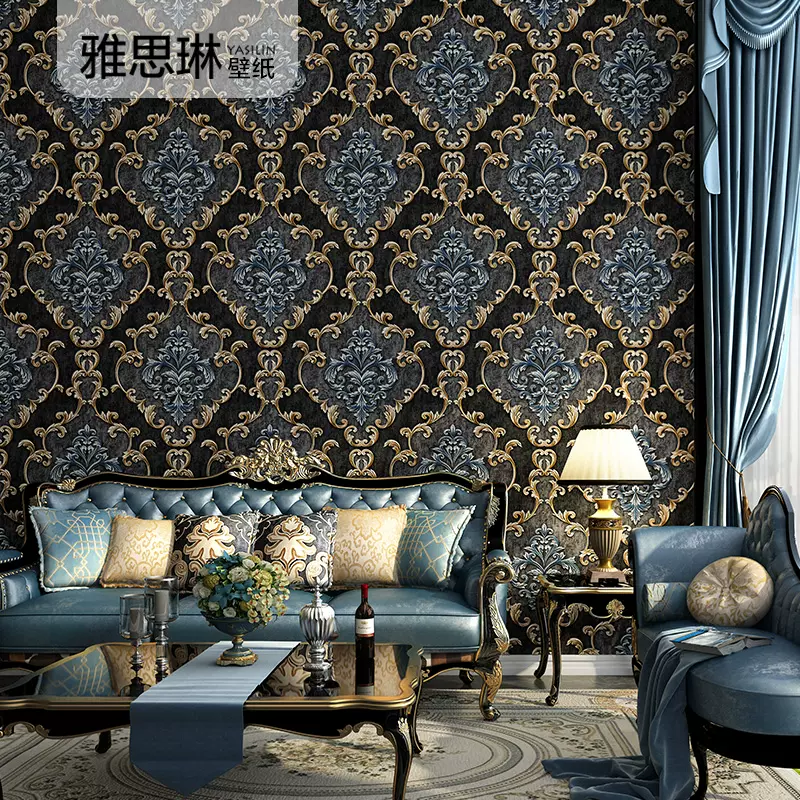歐式奢華不織布藍色黑色大馬士革壁紙臥室客廳背景牆壁紙高級感