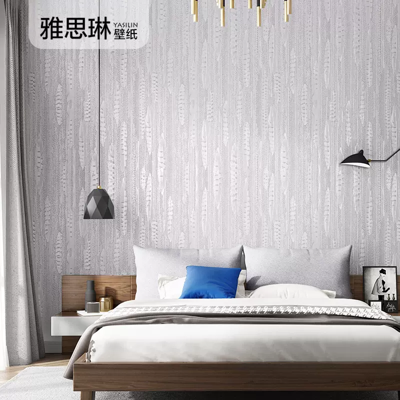 北歐不織布羽毛木紋壁紙客廳臥室壁紙高級感米黃色灰色高級感