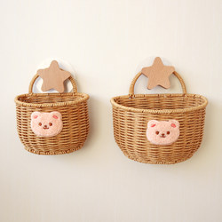 Cartoon Bear and Rabbit Storage Basket for Onions, Ginger, and Garlic, Imitation Rattan Woven Kitchen Basket for Ginger, Garlic, and Eggs, Wall-Mounted Storage Basket