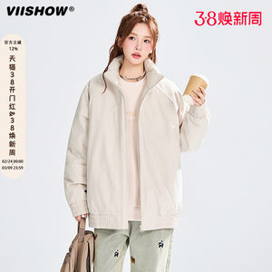 
VIISHOW trendy brand winter simple splicing thickened stand collar cotton coat for men and women retro couple loose warm cotton coat