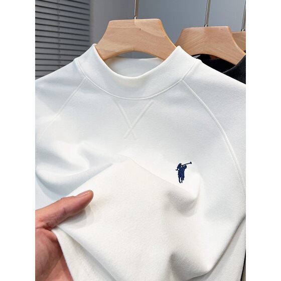 
Derong velvet bottoming shirt men's half turtleneck autumn and winter Paul embroidered long-sleeved T-shirt men's solid color inner raglan sleeves