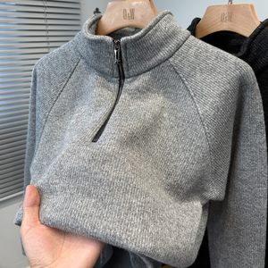
High-end zippered half-turtleneck sweater for men with velvet and thickened winter youth stand-up collar sweater with velvet inner layer