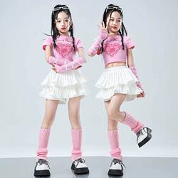 Girls' Pure Cotton Crop Top Street Dance Hip-Hop Jazz Sweet Cool Street Style Kindergarten Cheerleading Pleated Skirt Performance Outfit