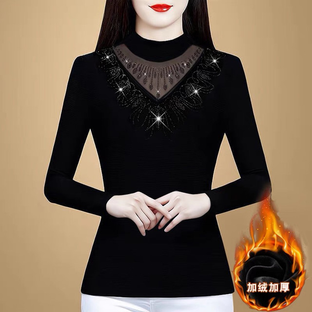 Spring and Autumn Black Mom's Half High Neck Long Sleeve Inner Top T-shirt Hollow Diamond Inner Top Women