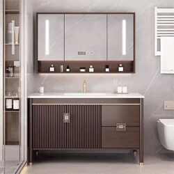 New Chinese-Style Solid Wood Bathroom Cabinet Set with Integrated Ceramic Basin, Smart Mirror Cabinet, and Floor-Standing Storage Cabinet