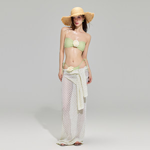 
Rocayi 2025 new green camellia bikini knitted long skirt to look slim and vacation style split swimsuit for women