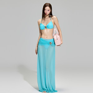 Luokayi 2025 new lake blue mesh long skirt bikini sexy gathering to make you look slim hot spring vacation swimsuit women