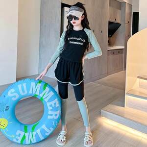 
Girls Swimwear 2026 New Children's Professional Training Swimwear Big Girls Long Sleeves Long Pants Sun Protection Swimming Three-piece Set