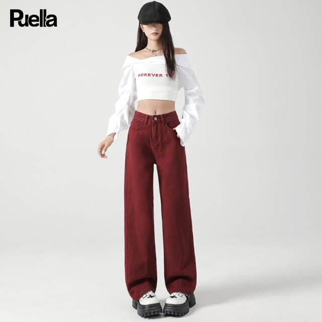La Chapelle Puella 2024 autumn and winter new red straight jeans plus velvet warm loose pants for women
