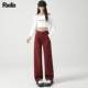 La Chapelle Puella 2024 autumn and winter new red straight jeans plus velvet warm loose pants for women
