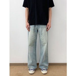 
seeke light ice blue jeans men's American high street spring and summer washed straight vibe loose wide-leg trousers