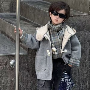
Children's plush woolen coat winter 2025 new style hooded top for boys and girls baby thickened warm woolen coat