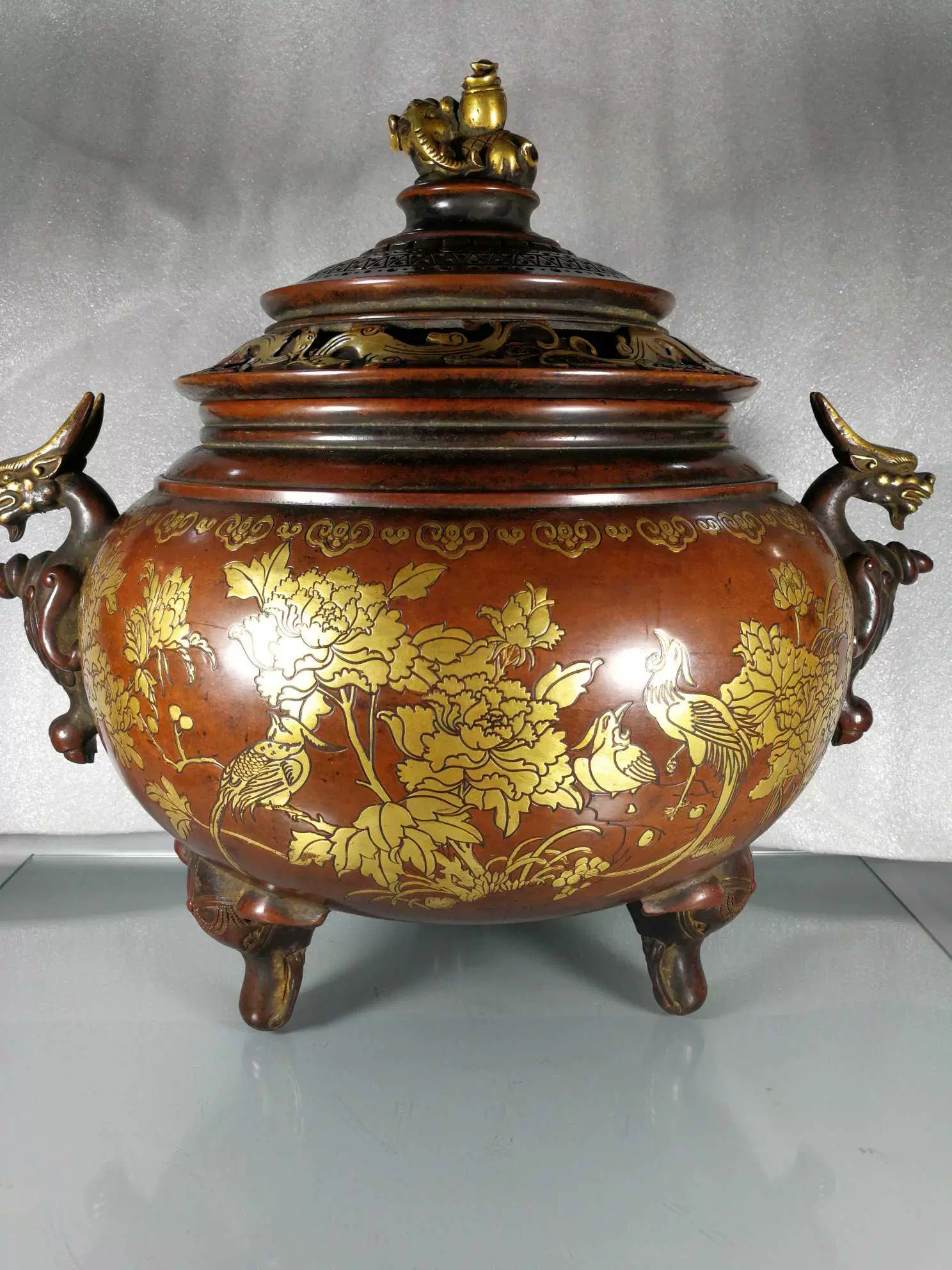 老件紫铜鎏金清康熙款高35*32公分18公斤瑞象盖富贵花鸟熏炉摆件-Taobao