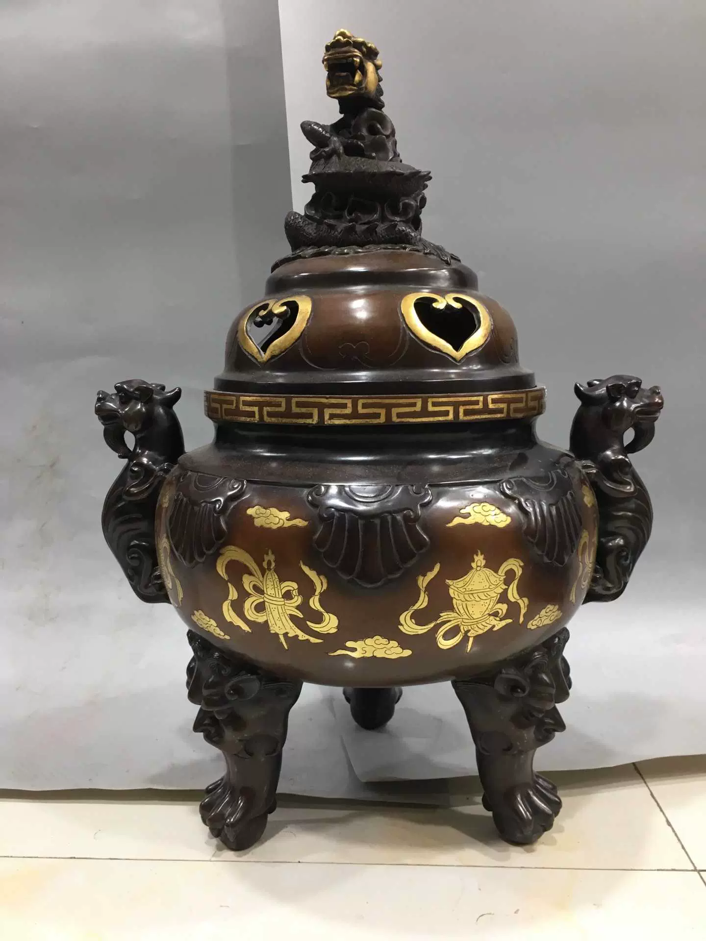老件紫铜鎏金高48*36公分17.5公斤富贵如意八宝图熏香炉摆件-Taobao