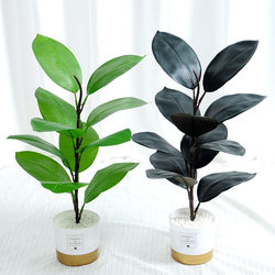 Artificial Rubber Leaves, Artificial Bonsai Plants, Black Diamond Floor-Standing Garden Landscaping Decoration, Potted Ornaments for Living Room