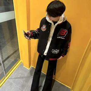 
National Trend High Street Badge Embroidery Pu Leather Splicing Jacket Men and Women Teenagers Students Versatile Trendy Baseball Coat