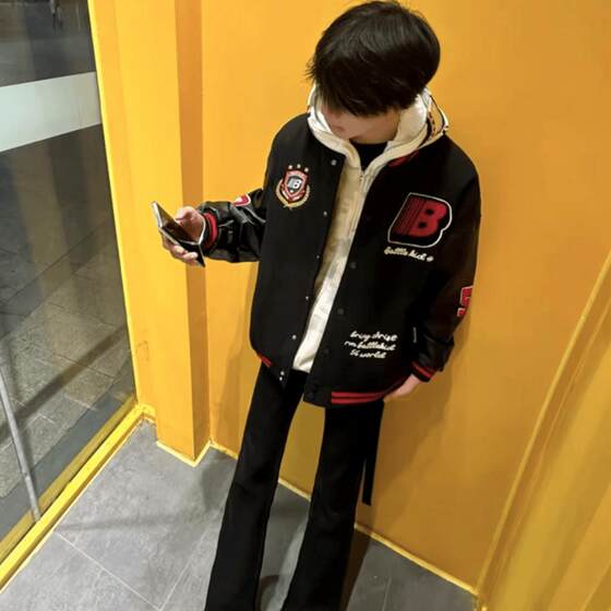 
National Trend High Street Badge Embroidery Pu Leather Splicing Jacket Men and Women Teenagers Students Versatile Trendy Baseball Coat