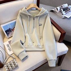 European Style Half-Zip Embroidered Hoodie for Women, Autumn and Winter 2026 New Fashion Loose Casual Pocket Long-Sleeve Top