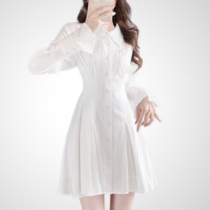 
French temperament and high-end 2025 autumn new white shirt dress women's flared sleeves waist-hugging slimming A-line skirt