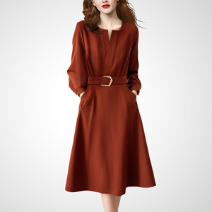 
European fashion long-sleeved plaid dress for women 2025 new autumn and winter loose high-waisted flesh-covering mid-length skirt