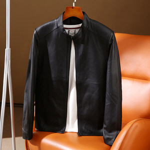 Spring and Autumn New Men's High-end Business Casual Jacket Solid Color Stand Collar Sheepskin Genuine Leather Leather Short Jacket Trend