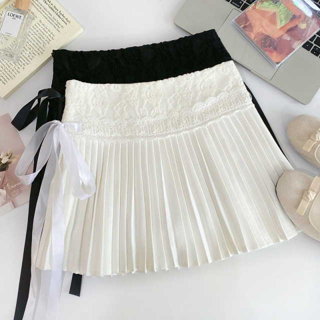 Sweet design lace spliced ​​side laces high waist slim pleated skirt short skirt for women spring and summer new style