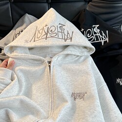 Pure Cotton Hand-Embroidered ~ Chinese Trendy Brand Couple's American-Style Cardigan Hooded Sweatshirt for Men, Loose Fit, Fleece-Lined Zip-Up Jacket