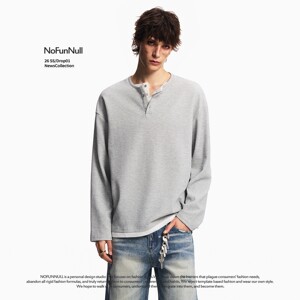 
NOFUNNULL American fake two-piece Henry collar long-sleeved T-shirt for men and women in spring old money style high-quality tops and bottoming shirts