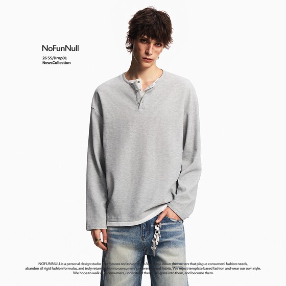 
NOFUNNULL American fake two-piece Henry collar long-sleeved T-shirt for men and women in spring old money style high-quality tops and bottoming shirts