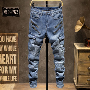 
Autumn and winter high-end splicing multi-pocket hot stamping zipper motorcycle jeans men's slim-fitting elastic new trend