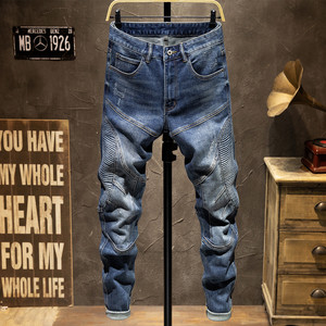 
Autumn and winter European and American spliced hot stamped motorcycle jacket jeans for men slim fit small feet elastic heavy industry high-end versatile trendy brand