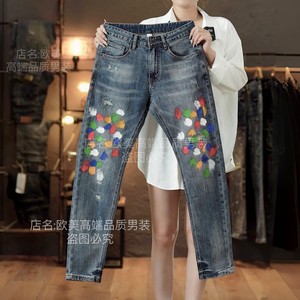 
Autumn and winter new men's high-end jeans, personalized splash-ink painted graffiti, slim fit, elastic, trendy brand fashion