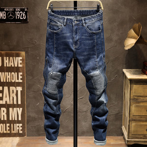 
Autumn and winter high-end new motorcycle clothing stitching zipper hot stamping jeans men's slim fit small feet elastic high goods versatile
