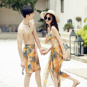 
2025 new couple swimsuits for women bikini split three-piece sets gathered boxer pants beach vacation swimsuit