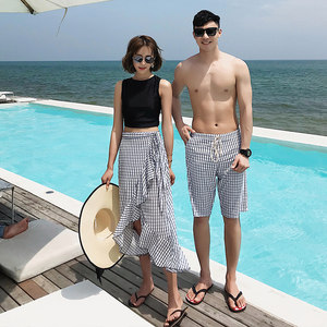 New couple swimwear divided into three pieces of small fresh small bubble hot spring vacation swimsuit female men's pants set