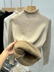 Half turtleneck sweater, black ears, autumn and winter integrated velvet base shirt, plus velvet thickened women's slim fit and warm fashionable top