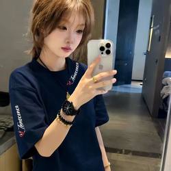 American-Style Navy Blue Pure Cotton Short-Sleeve T-Shirt for Girls, Summer Junior High School Student Casual Loose Half-Sleeve Top