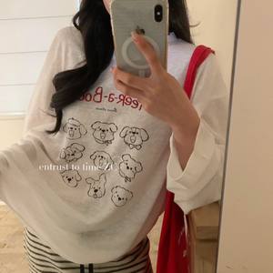 
ZC Korean commuter round neck letters cute puppy print long-sleeved top women's loose lazy style versatile T-shirt trendy