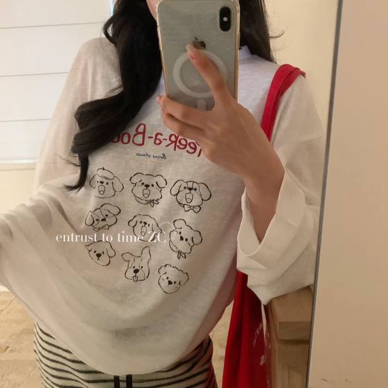 
ZC Korean commuter round neck letters cute puppy print long-sleeved top women's loose lazy style versatile T-shirt trendy