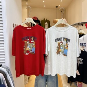 
ZC Korean letter cartoon printed short-sleeved T-shirt for women, loose commuter round neck pullover, fashionable and versatile casual top