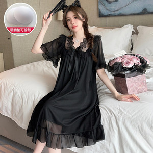 
Nightgown with chest pad for women in summer short-sleeved modal mesh sweet palace princess style can be worn outside pajamas and home clothes